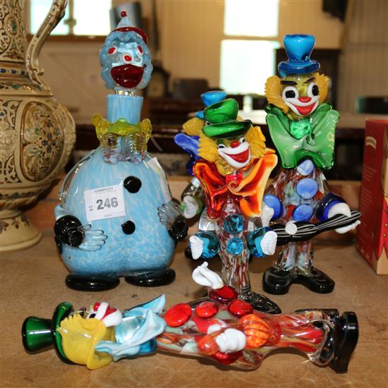 4 x Murano glass clowns and a Murano decanter